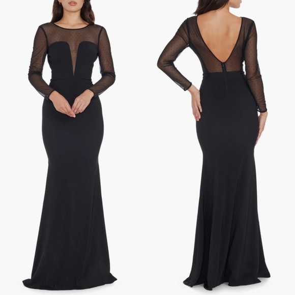 NEW DRESS THE POPULATION Black VAL Rhinestone ILLUSION MESH L/S Mermaid GOWN XS - Picture 1 of 13
